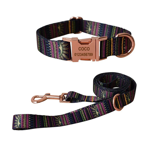 Ethnic Style Dog Collar & Leash Set with Custom EngravingCOLLARS AND LEASHES,Custom Engraving,Ethnic Style Dog Collar,Leash Dog Collar,Leash Set with Custom Engraving