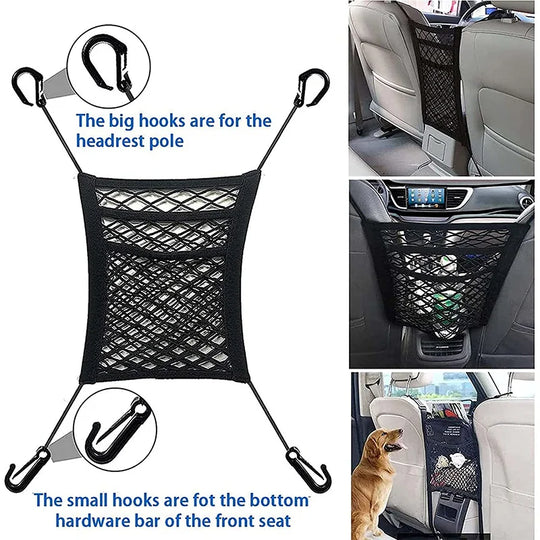 Pet Car Safety Net Barrier Rear Seat Fence with Storage BagCARRIERS,dog storage,Pet Car Seat Belt Safety Buckle