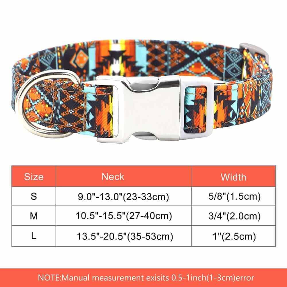 Orangy Personalized ID Dog Collars with size chart